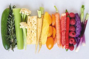 Rainbow spectrum gradient of healthy fresh fruit and vegetables,  colourful food background